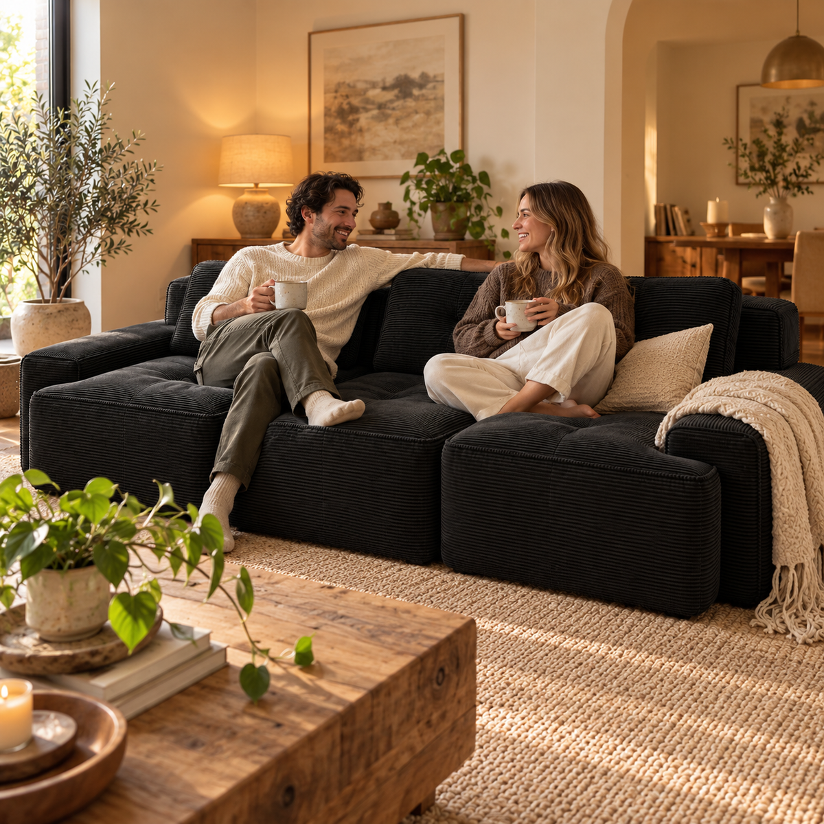 Canapé Modulable Norély en situation réelle avec un couple dans un salon chaleureux