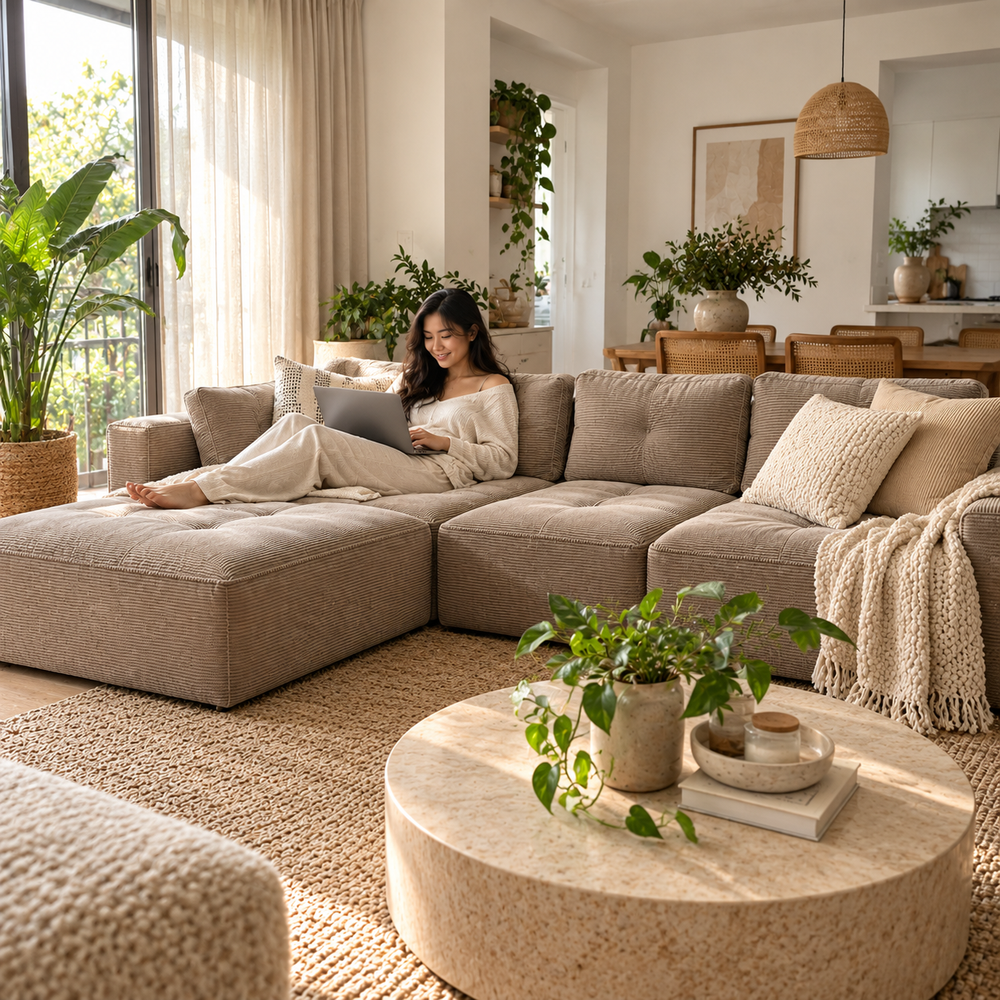 Canapé d'Angle Norély en situation réelle avec une cliente asiatique dans un intérieur lumineux