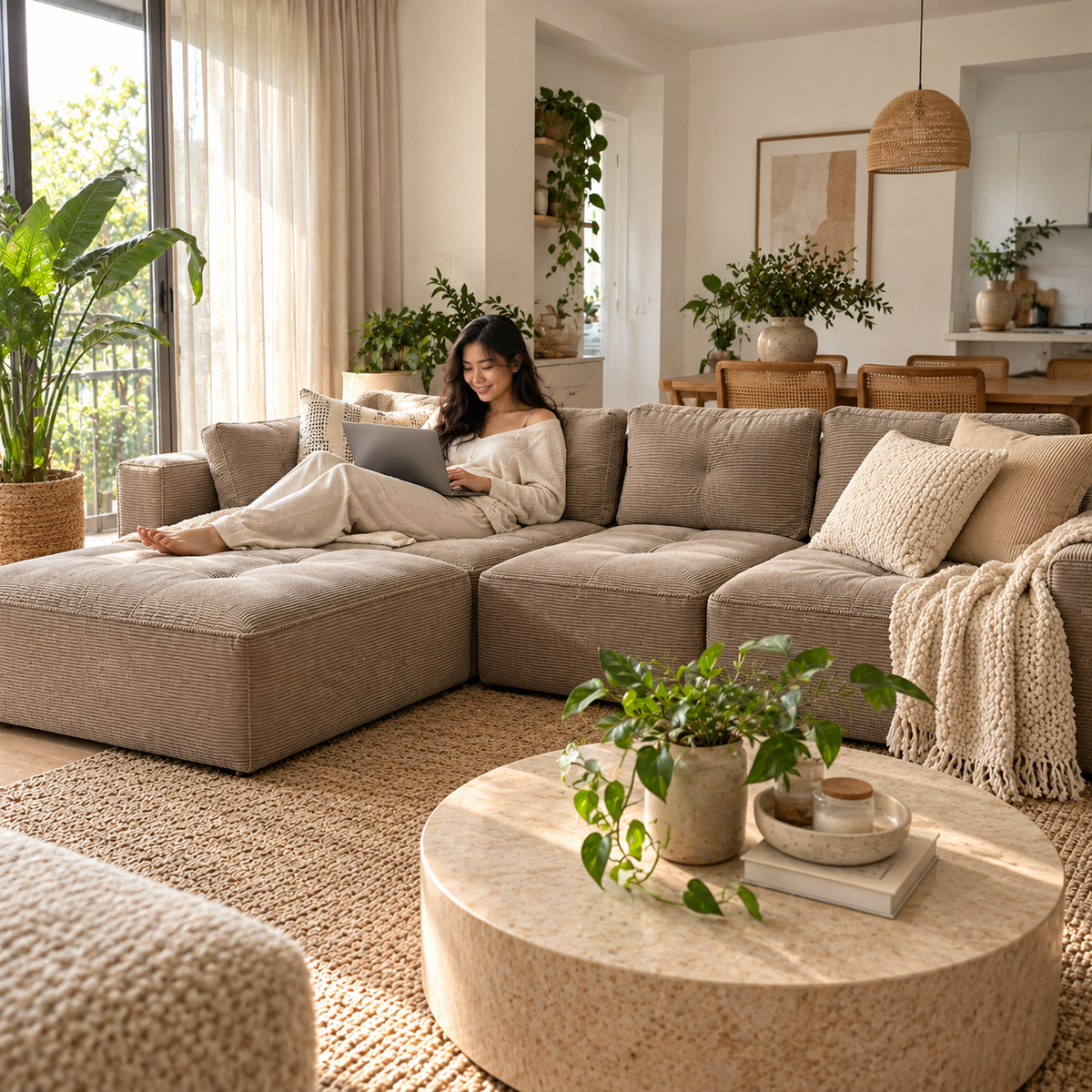 Canapé d'Angle Norély en situation réelle avec une cliente asiatique dans un intérieur lumineux