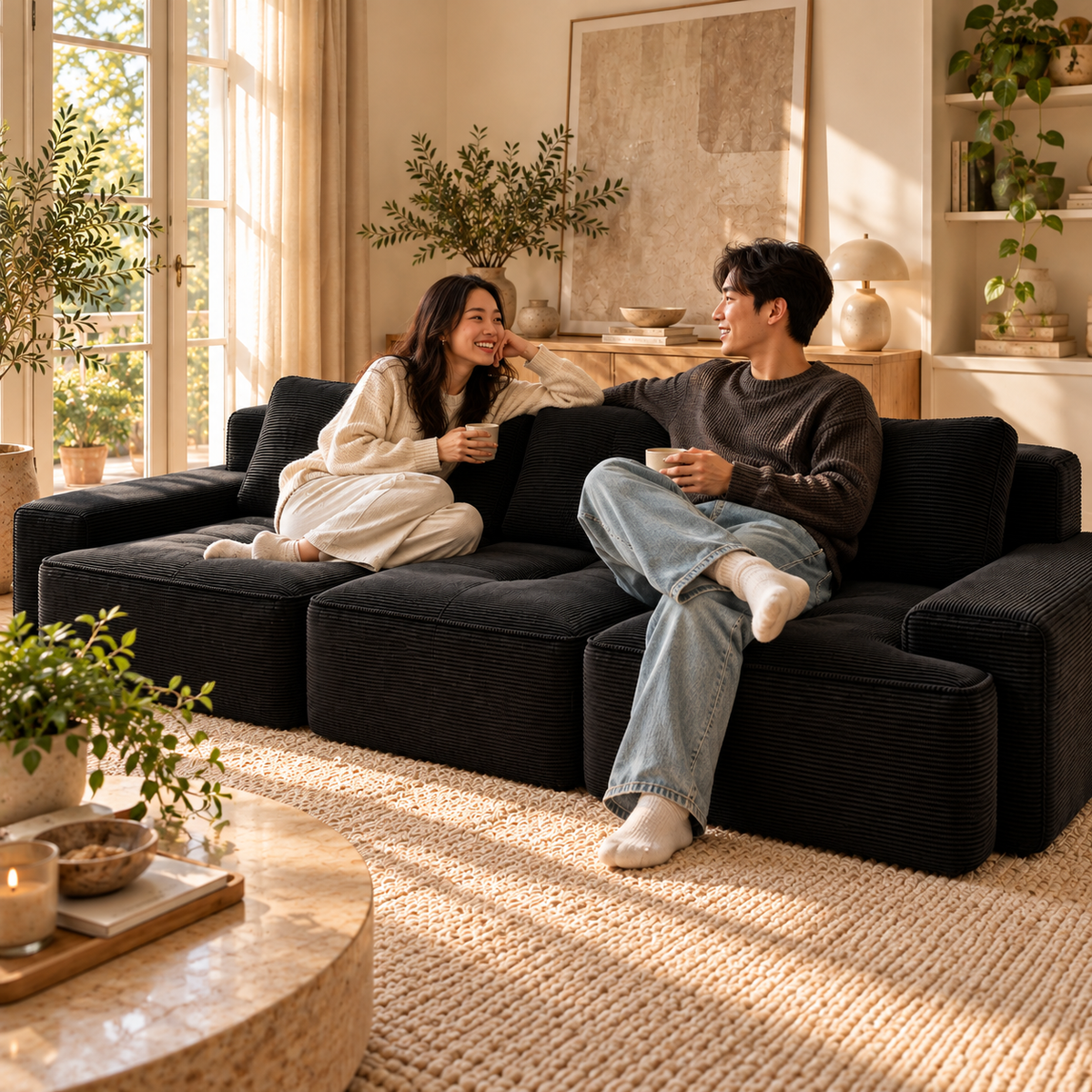 Canapé Modulable Norély en situation réelle avec un couple asiatique dans un salon chaleureux