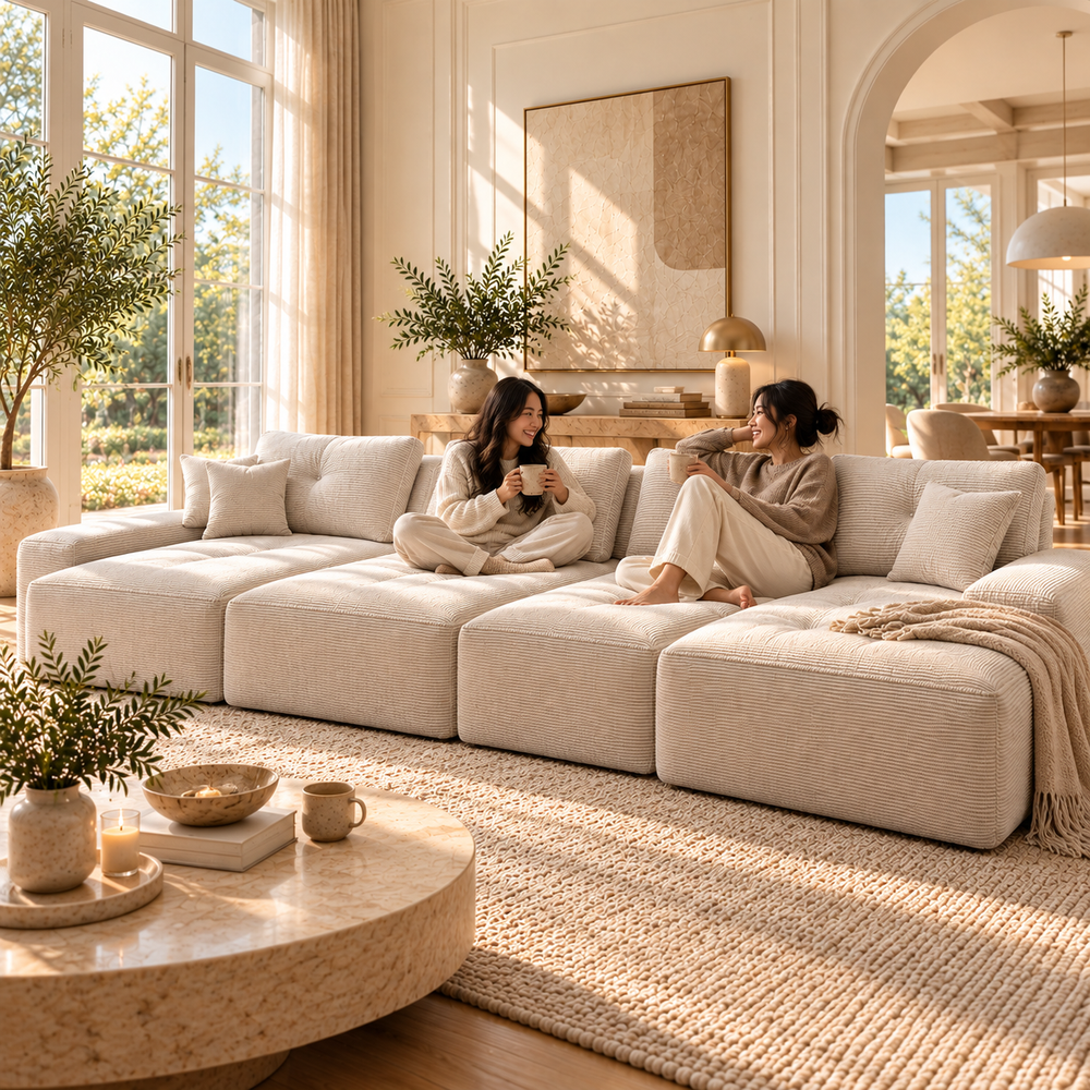 Canapé Panoramique Norély en situation réelle avec deux clientes asiatiques dans un grand salon lumineux
