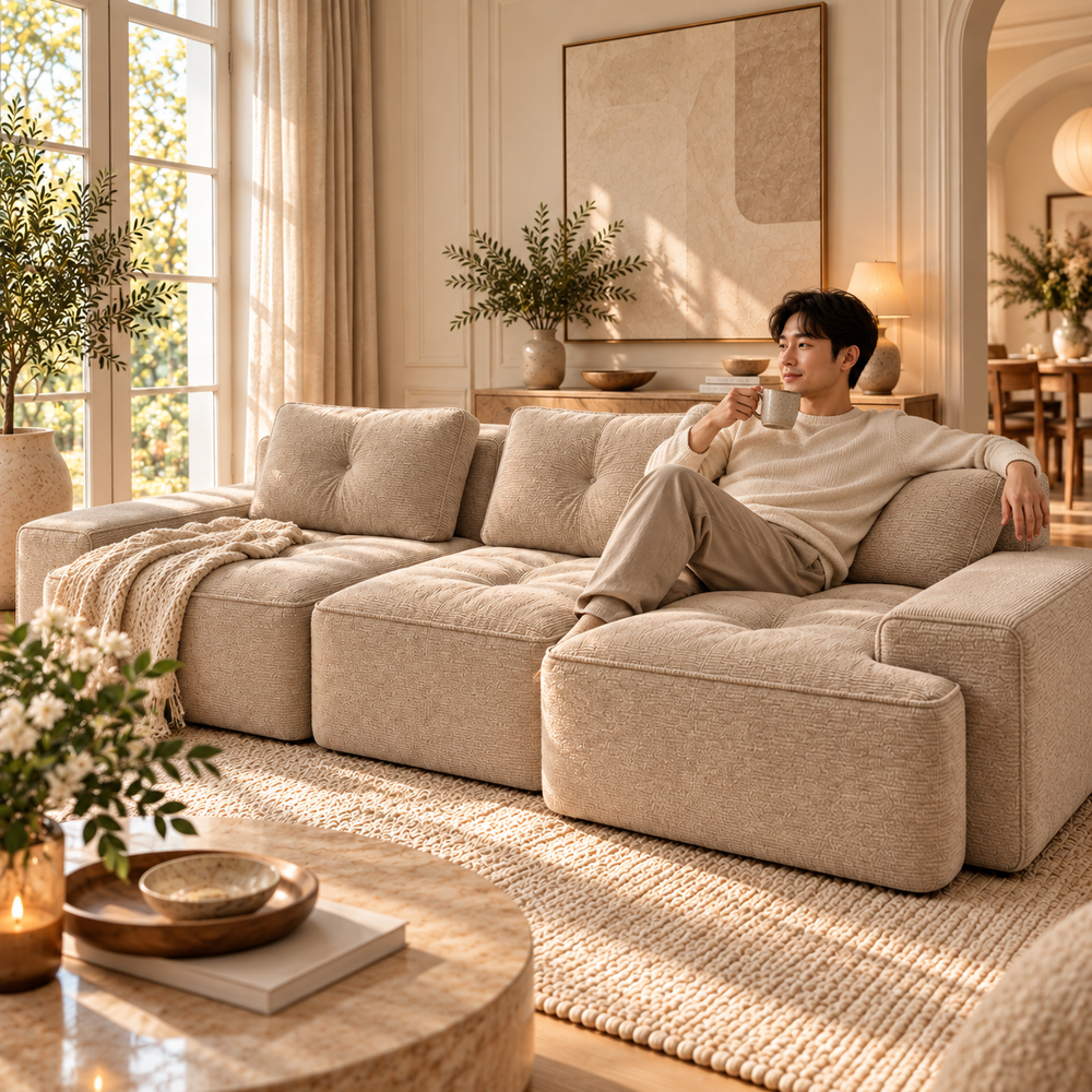 Canapé Prestige Norély en situation réelle avec un client asiatique dans un salon élégant